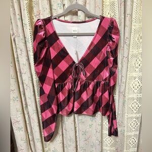 Anthropologie Maeve Velvet Babydoll Top Cranberry Pink Plaid Size Large NWT